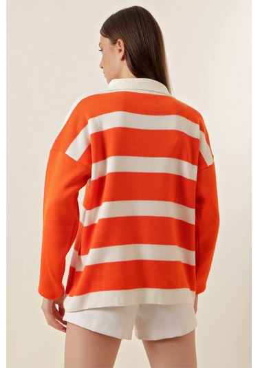 Gabria Fermuarlı Çizgili Kazak Oranj