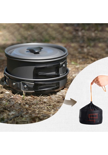 Yifomall Kamp Aluminyum Çamaşır Seti 4'lü Pot, Tava, Çaydanlık, Çanta Sıcaklığa Dayanıklı Dış Mekan Pişirme Gereci Siyah Ds308 Siyah