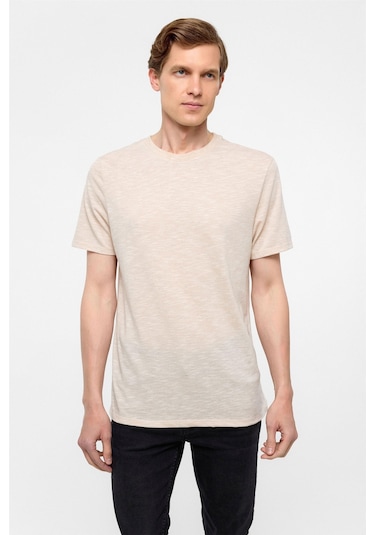 SÜVARİ Ekru Regular Armürlü Bisiklet Yaka Tişört-38303 Ekru