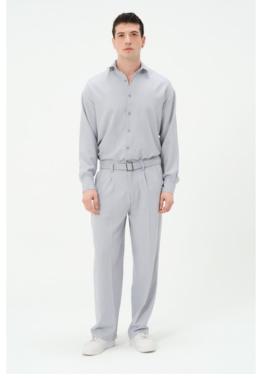 Erkek Yıkamalı Keten Bol Paça Pileli Yeni Sezon Pantolon A.Gri