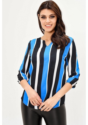Kadın Siyah & Mavi Yakası Yırtmaçlı Çizgili Krep Bluz Truvakar Kol Kaliteli Dokulu Kumaş Siyah - Saks Mavi