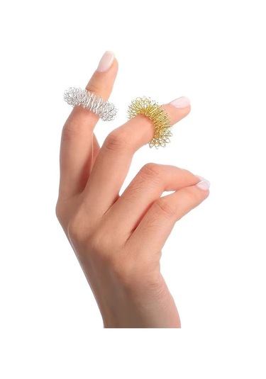 Altın Ve Gümüş Renk 2 Adet Batmayan İğneli Reiki Sujok Yüzüğü Masaj Esnek Yaylı Akupunktur Yüzük Altın - Gümüş