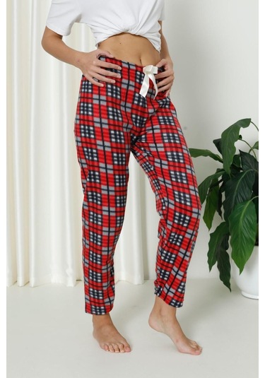 Luxury Soft Welsoft Polar Desenli Kurdeleli Kışlık Pijama Altı Pantolon Siyah Kırmızı Ekose Siyah - Kırmızı