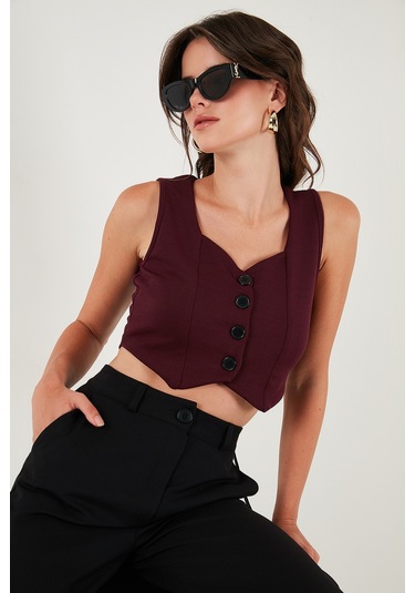 Lela Slim Fit Kalp Yaka Düğmeli Kalın Askılı Crop Bayan Yelek 5865497 Bordo