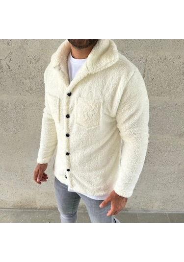 Erkek Pelüş Polar Hırka Gömlek Yakalı, İlik Düğmeli, Göğüs Cepli, Yumuşak Dokulu Kışlık Regular Fi Beyaz