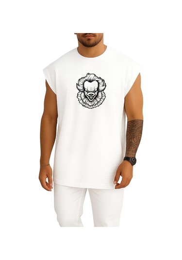 Oversize Pennywise Çizim Göğüs Baskılı Atlet Beyaz