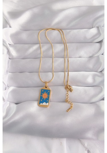 316l Çelik Gold Renk Mavi Mineli Güneş Model Tarot Kolye Altin