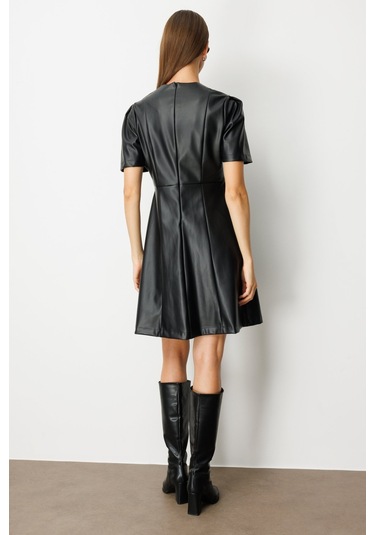 Ekol Kadın Kısa Kollu Deri Elbise 4081 Siyah Siyah