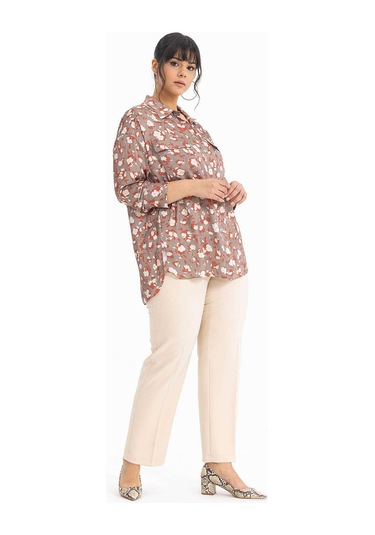 Galaxi Kadın Büyük Beden Desenli Manşetli Gömlek 3051000 Vizon