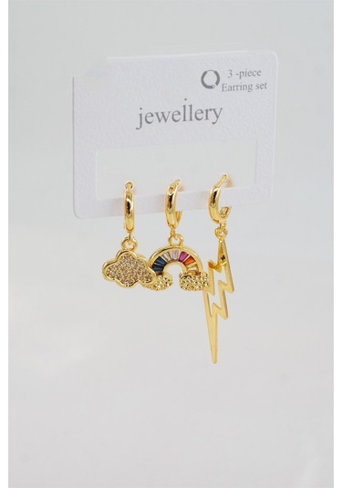 Kadın Baget Zirkon Taşlı Bulut ve Şimşek Figürlü 3'lü Set Küpe Çok Renkli