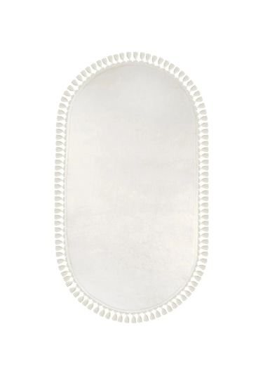 Puffy Gri Oval Örgü Saçaklı Peluş Yumuşacık Yıkanabilir Kaymaz Taban Halı Salon Oturma Odası Beyaz