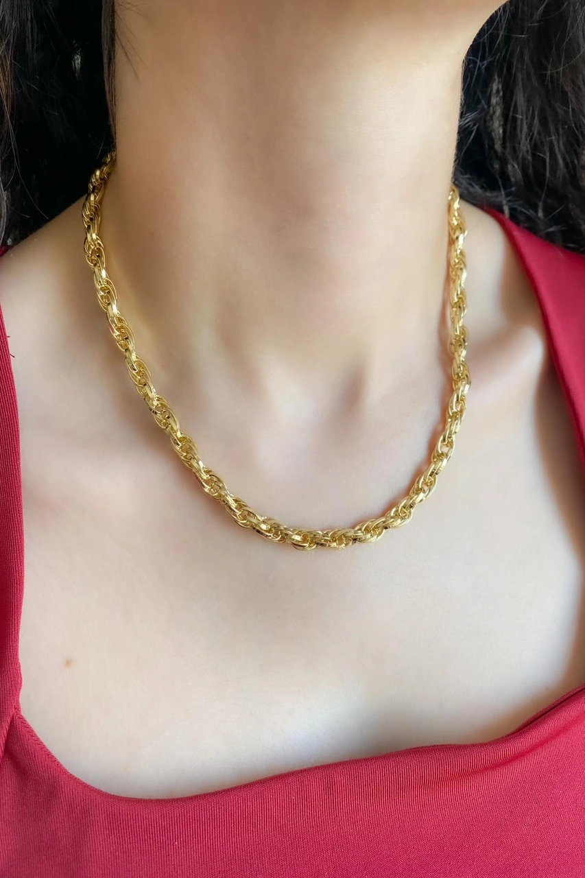 Kadın Kolye Kararmaz 14k Altın Renk Vip Seri İthal Karmaşık Zincir Kolye Altın