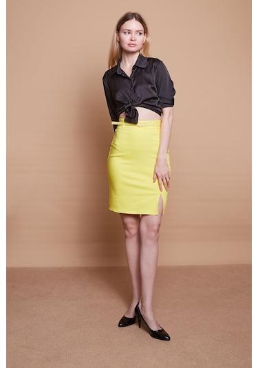 Astarlı Yüksek Bel Önden Yırtmaçlı Deri Kemerli Pamuklu Hafif Likralı Kumaş Kalem Etek Kemer Dahil -sarı - Sarı