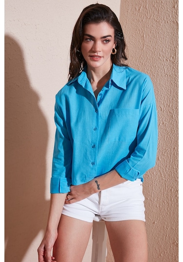 Lela Pamuk Ve Keten Karışımlı Regular Fit Önü Kısa Arkası Uzun Bayan Gömlek 6772867 Mavi