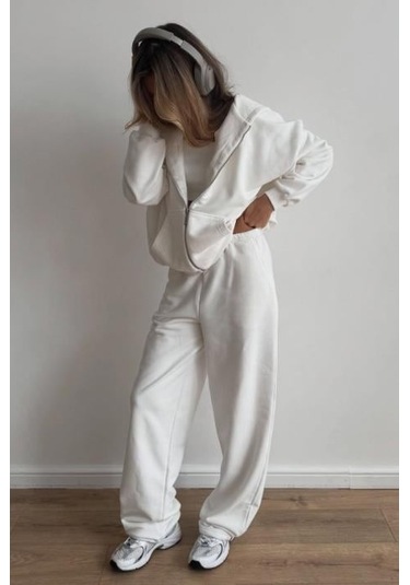 Beyaz Geniş Paça Basic Kadın Eşofman Altı Mg2553 Beyaz
