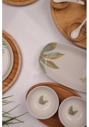 Atbyhome Dawn 6 Kişilik 42 Parça Doğal Bambu Porselen Kahvaltı Takımı Kahvaltı Seti Sunum Seti Beyaz