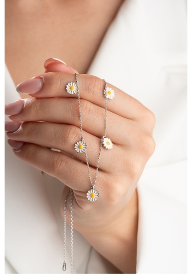 Çekirdekjewelry 925 Ayar Gümüş Çoklu Papatya Kolye Gri
