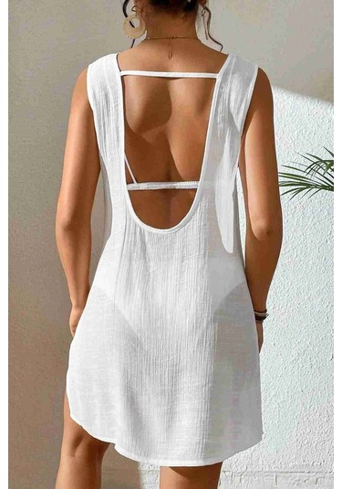 Angelsin Sırt Dekolteli Yırtmaçlı Pareo Plaj Elbisesi Beyaz 001