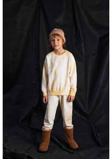 Luess Unisex Çocuk Batik Desenli 3 İplik Şardonsuz Eşofman Takımı-Sarı