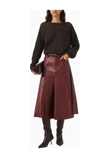 Haikure Mid Serenity Deri Midi Etek, Şık Lüks Kadın Etek Kırmızı