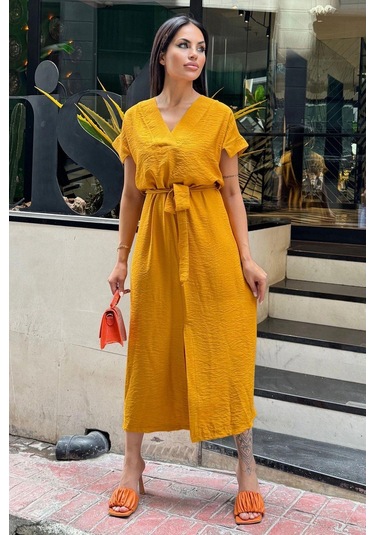 Hardal V Yaka, Kısa Kol, Airobin Kumaş, Omuz Detaylı, Kemerli/kuşaklı, Önden Yırtmaçlı Maxi Elbise Hardal