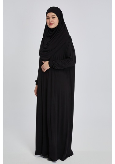 Pratik Başörtülü Rahat Giyilebilen Organik Tek Parça Namaz Elbisesi Siyah