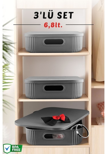 3'lü Set Çok Amaçlı Dekoratif Düzenleyici Kutu Antrasit 6,8lt