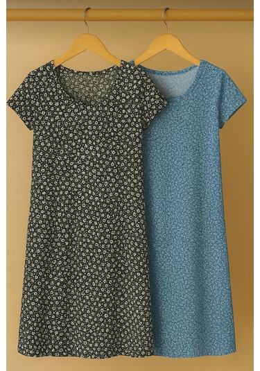 2 Adet Dökümlü Rahat Kalıp Günlük Penye Kumaş Elbise Mavi-siyah