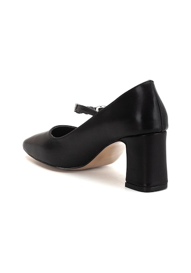 Kadın Stiletto Topuklu Ayakkabı Siyah Suni Deri Baret Taşlı Kalın Topuklu-4171 Siyah