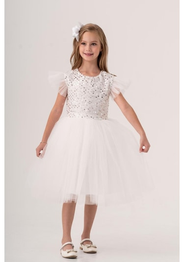 Tüllü Kız Çocuk Kpl Elbise Mnk0526 Beyaz
