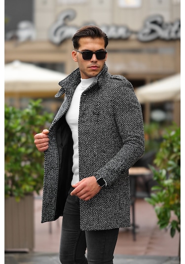 Erkek Dar Kesim Dik Yaka Uzun Açık Desenli Kaşe Kaban Gri - Siyah