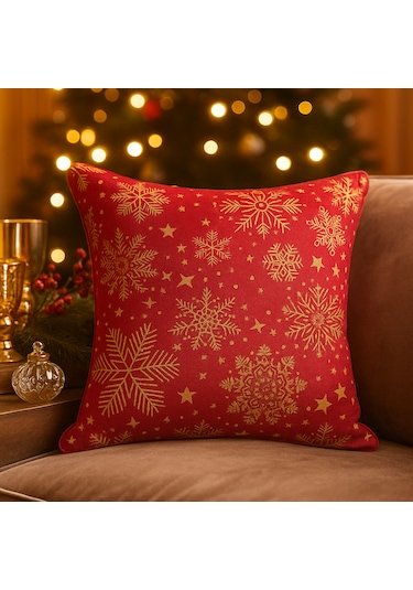 Kırmızı Yılbaşı Temalı Kırlent Kılıfı Kar Tanesi Desenli, Gold Detaylı 40 40 Cm 40 x 40