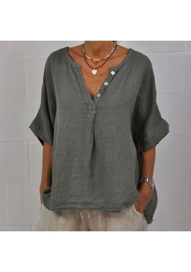Pamuk Keten Kadın Gömlek V Yaka Düğmeli Yarım Patlet Yarım Kol Nefes Alabilir Bol Kamel