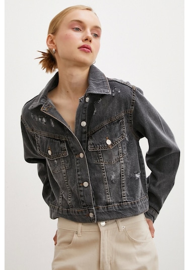 Never More Sırtı Nakışlı Kot Mont Antirasit Antrasit