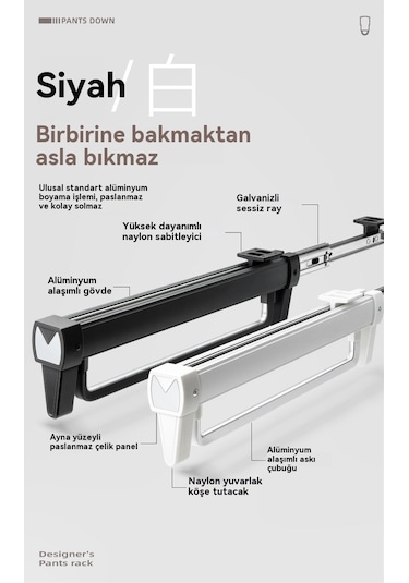 Gardırop Gardırop Çekmece Pantolon Askısı Teleskopik Sönümleme Sürgülü İtme-çekme Askısı Siyah
