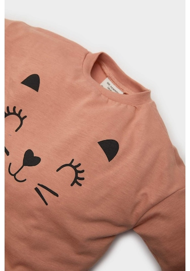 DeFacto Kız Bebek Yenidoğan Bisiklet Yaka Baskılı Penye 2'li Uzun Kollu Tişört E6362A525SPER233 Ekru