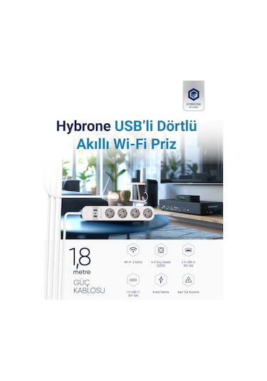 Hybrone Usb Ve Type-c Girişli Akım Korumalı Dörtlü Akıllı Priz