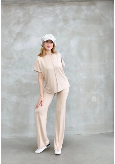 Ge Ticaret Osy Modal Yumuşak Dokulu Kumaş Bisiklet Yaka Kısa Kollu Takım - Bej Bej