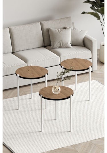 Nice 3'lü Zigon Sehpa Beyaz Metal - Atlantik Çam Tabla