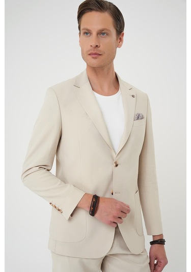 Slim Fit Torba Cep Spandex Karışımlı Casual Krem Ceket C 714 Krem