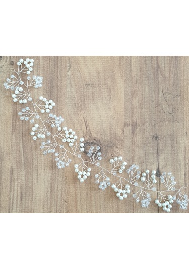 Beyaz Kristal Boncuklu Ve Beyaz Incili Gelin Tacı