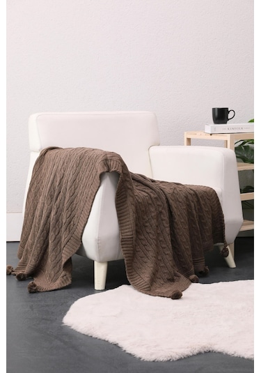 Biocotton Triko Ponponlu Örgü Tv Battaniyesi - Kahverengi