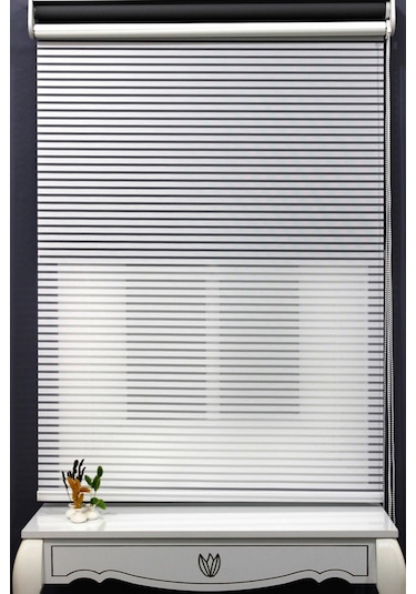 Çift Mekanizmalı Kalın Çizği Tül & Mat Gri Stor %90 Işıgı Kes er