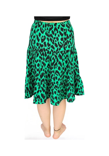 Nurören Viskon Kumaş Yeşil Siyah Leopar Desenli Midi Boy Kadın Şort Etek Leopar