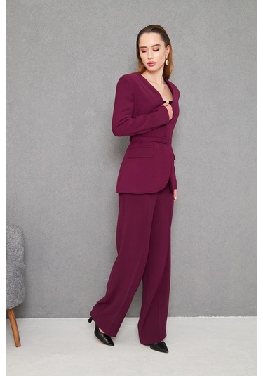 Kemerli V Yaka Takım Mürdüm Mürdüm