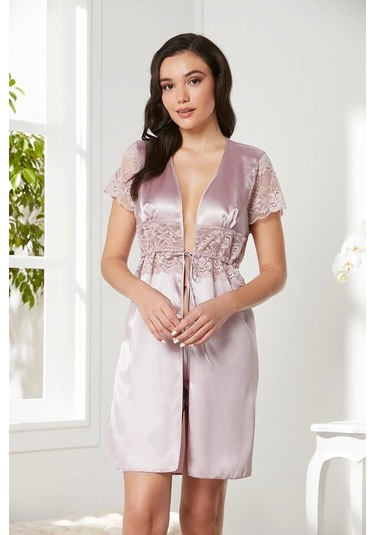Pierre Cardin Saten Dantelli Midi Sabahlık 1020 Pudra Çok Renkli
