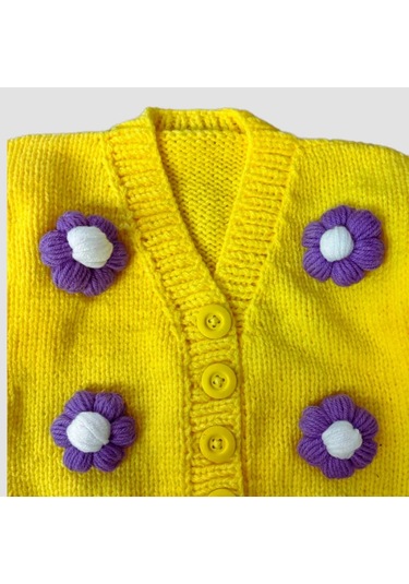 Uretti - Gülnur 2184 - El Örgüsü Mor Çiçekli Kız Çocuk Hırka 5 Yaş - Sarı Sarı