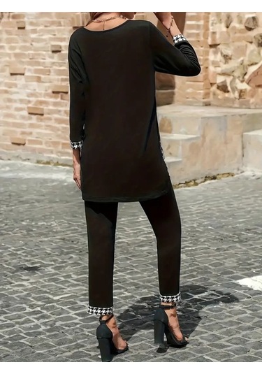 Tua Moda Kadın Uzun Kollu Yuvarlak Yakalı Kaz Ayağı Detaylı Viskon Iki Iplik Bluz Ve Pantolon Ikili Takım Siyah