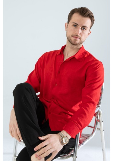 Rahat Kesim Keten Dokulu Gömlek Kırmızı