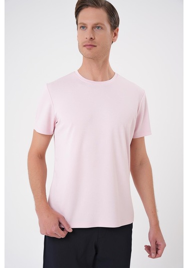 Comfort Fit Bisiklet Yaka Esnek Pamuk Casual Pembe Tişört Ts 885 Pembe